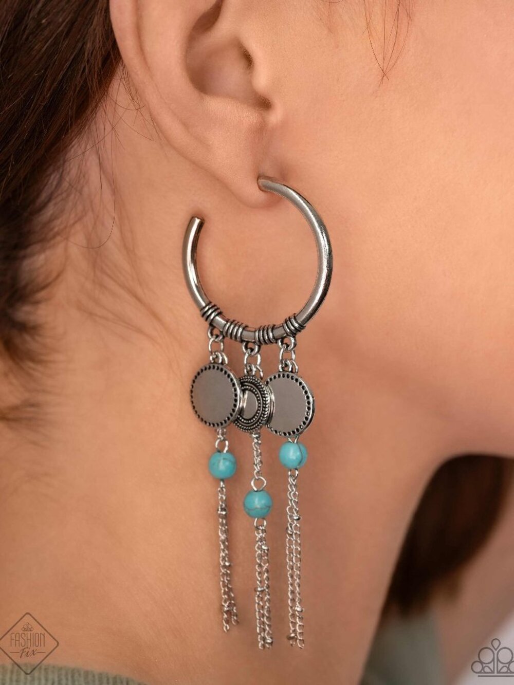 Turquoise beaded silver tone dangle hoop earrings - Peppy Blue